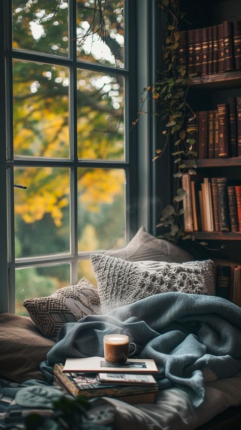 "Cozy #ReadingNook: A serene reading corner with a steaming cup of #CoffeeLovers, comfortable cushions, and a tranquil view. #BookLover #AIArt #AIPhotos #StockCake ⬇️ Download and 📝 Prompt 👉 https://stockcake.com/i/cozy-reading-nook_259360_51005" Cozy Home Photography, Closet Reading Nook For Adults, Reading Corner Aesthetic, Cozy Book Aesthetic, Cozy Vibes Aesthetic, Cozy Book Nook, Cozy Hobbies, Reading Nook Closet, Steaming Cup Of Coffee