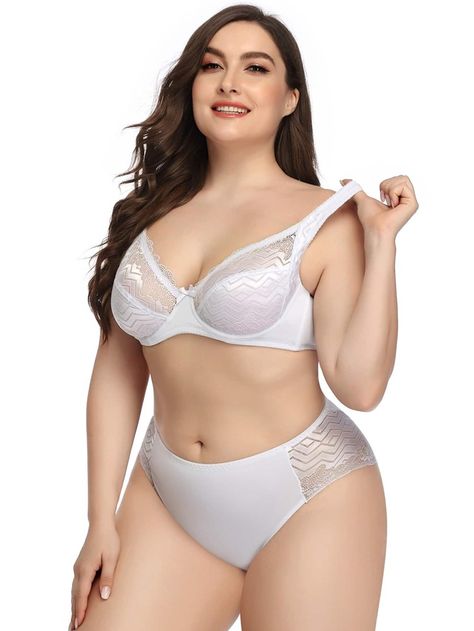 Plus Contrast Lace Underwire Lingerie Set | SHEIN USA Violet Plain, Comfy Bra, Lace Underwire, Bra Lace, Plus Size Bra, Bra Panty, Bra And Panty Sets, Bras And Panties, Plus Size Lingerie