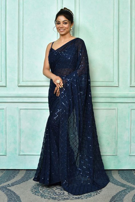 Shop for these amazing collections of Blue Georgette Embroidered Sequin Checkered Saree With Running Blouse For Women by Khwaab by Sanjana Lakhani online at Aza Fashions. Checkered Saree, Indian Outfits Lehenga, Black Saree, Blouse For Women, Work Sarees, Sequin Fabric, Samara, Girls Fashion Clothes, Girls Fashion