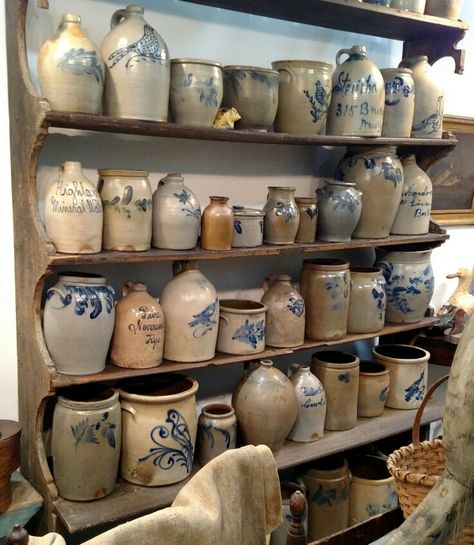 Early American Stoneware Collection Old Crock Decorating Ideas, Crock Decorating Ideas, Old Crock, Antique Stoneware Crocks, Country Crock, Antique Crocks, Old Crocks, Primative Decor, Vintage Crock