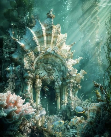 Mermaid City Concept Art, Underwater Portal Fantasy Art, Magical Underwater World, Mermaid Cove Aesthetic, Deep Sea Aesthetic Dark, Underwater Ballroom, Underwater City Concept Art, Fantasy Ocean Art, Underwater Fairy