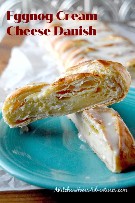 Eggnog Cream Cheese Danish comes together in no time and feeds the hungry masses until the presents are opened. With a hint of eggnog in the filling and eggnog glaze on top, it’s the holidays wrapped in puff pastry. #ChristmasSweetsWeek #quickandeasy #easyrecipe #breakfast Eggnog Pastry Cream, Recipes Using Eggnog, Eggnog Glaze, Puff Pastry Treats, Eggnog Recipes, Cream Cheese Puff Pastry, Holiday Flavors, Favorite Christmas Recipes, Cream Cheese Danish