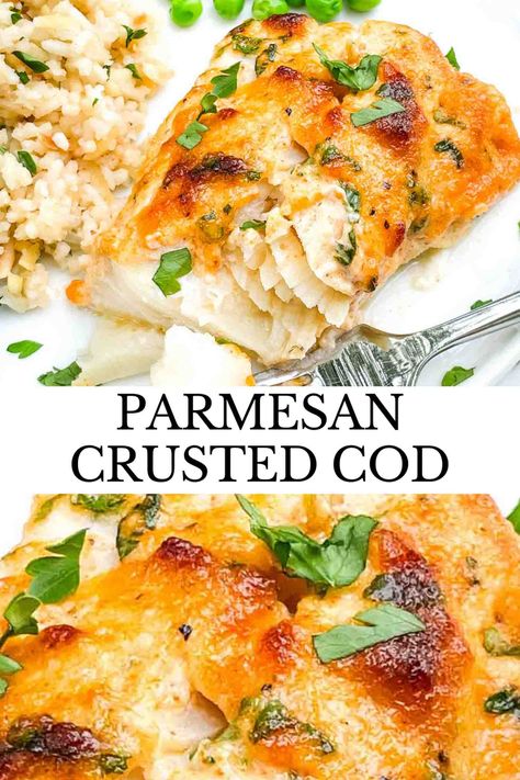 Fast and easy Parmesan Baked Cod recipe is a great weeknight seafood dinner idea! A flaky white fish topped with a creamy cheese coating for a healthy meal. Alaskan Cod Recipe, Cod Loin Recipes, Best Cod Recipes, Cod Fish Recipes Baked, Cod Recipes Healthy, Parmesan Crusted Fish, Fresh Fish Recipes, Haddock Recipes, Baked Cod Recipes