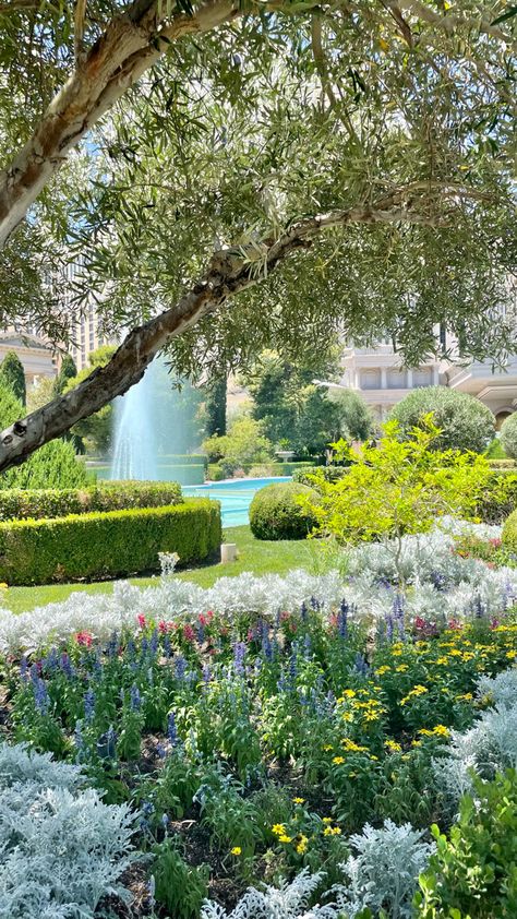 Spring Palace Aesthetic, Garden Theme Wallpaper, Garden Astethic Wallpaper, Cottagecore Fountain, Palace Garden Aesthetic, Blue Garden Aesthetic, Fantasy Palace Aesthetic, Spring Green Aesthetic, Garden Flowers Aesthetic