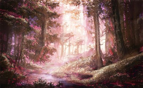 Pink Forest Background, Pink Forest Aesthetic, Butterfly Forest, Branches Of Trees, Pink Landscape, Magic Background, Spring Court, Garden Background, Anime Flower