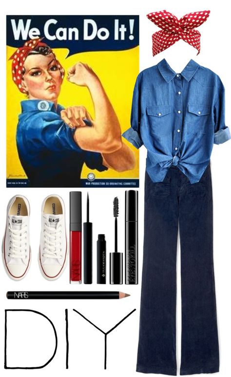 "You can do it too!" by historychick ❤ liked on Polyvore Work Appropriate Halloween Costumes, Rosie The Riveter Costume, Halloween Costumes Diy, Costumes Diy, Disney Halloween Costumes, Rosie The Riveter, Group Halloween Costumes, Easy Halloween Costumes, Halloween 2019