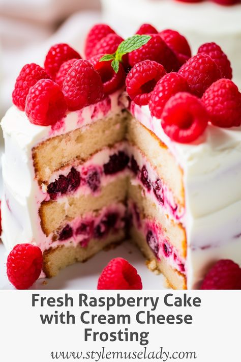 This fresh raspberry cake recipe is full of vibrant berry flavor, with a creamy whipped filling and decadent cream cheese frosting. Simple yet stunning! Fresh Raspberry Cake, Raspberry Cake Recipe, Raspberry Cake Filling, Lemon Raspberry Cake, Whipped Cream Filling, Raspberry Cake Recipes, Raspberry Puree, Cake With Cream Cheese Frosting, Berry Cake