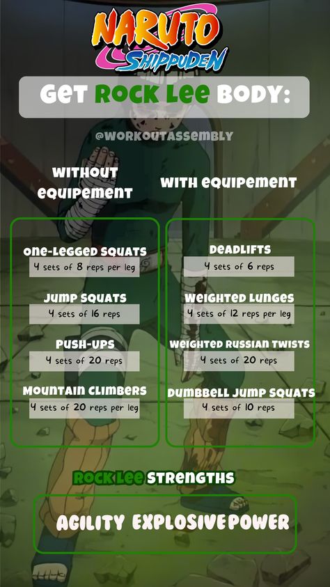 Embody the strength, agility, and speed of Rock Lee from Naruto with this focused workout routine. Develop powerful legs, a strong core, and upper body endurance with a mix of bodyweight and weighted exercises. Push your limits and train like a true ninja warrior!   Rock Lee workout, Naruto fitness, ninja training, agility exercises, leg strength, core workout, explosive power, anime-inspired fitness, functional training, martial arts fitness. Explosive Strength Workout, Naruto Workout Routine, Anime Leg Workout, Rock Lee Workout, Rock Lee Training, Workouts Anime, Anime Workout Routine, Naruto Workout, Weighted Exercises