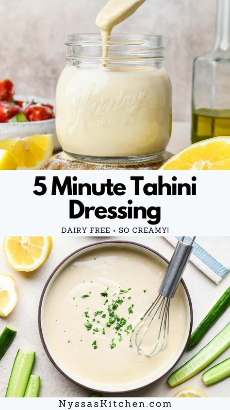 This creamy, easy-to-make tahini dressing is the new homemade sauce recipe you'll love having in your back pocket! Bright and nutty, it's the perfect addition to salads, grain bowls, roasted vegetables, or a simple protein. Gluten free, vegan option, Whole30 option. Salad Dressing Creamy, Tahini Vinaigrette, Tahini Salad, Tahini Salad Dressing, Tahini Dressing Recipe, Vegan Salad Dressing, Vegan Dressing, Homemade Sauce Recipes, Simple Salad