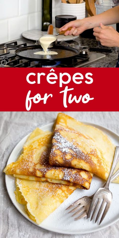 Easy crepe recipe for two! Small batch crepes recipe makes just 4 crepes. Perfect if you're new to crepes! This recipe can be doubled. Crepe recipe for two. Making Crepes Video, Single Serve Crepes, Crepe Recipe For Two, Small Batch Crepes, Crepes For One, Crepes Recipe Easy, Cooking For Two Recipes, Tables For Two, Crepes Sweet