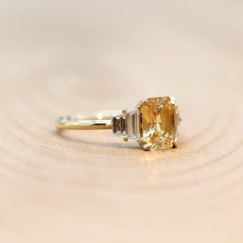 Art Deco Yellow Diamond Ring, Apricot Sapphire Ring, Ring Yellow Diamond, Trapezoid Diamond Ring, Engagement Ring Yellow Diamond, Engagement Rings Yellow, Yellow Diamond Engagement Rings, Yellow Sapphire Diamond Ring, Engagement Rings Yellow Diamond