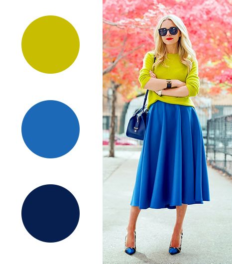 Chartreuse + Sky blue + Navy Blue Outfit Winter, Mode Ab 50, Fall Fashion Colors, Colour Combinations Fashion, Color Combos Outfit, Color Blocking Outfits, Color Combinations For Clothes, Color Trends Fashion, Trendy Skirts