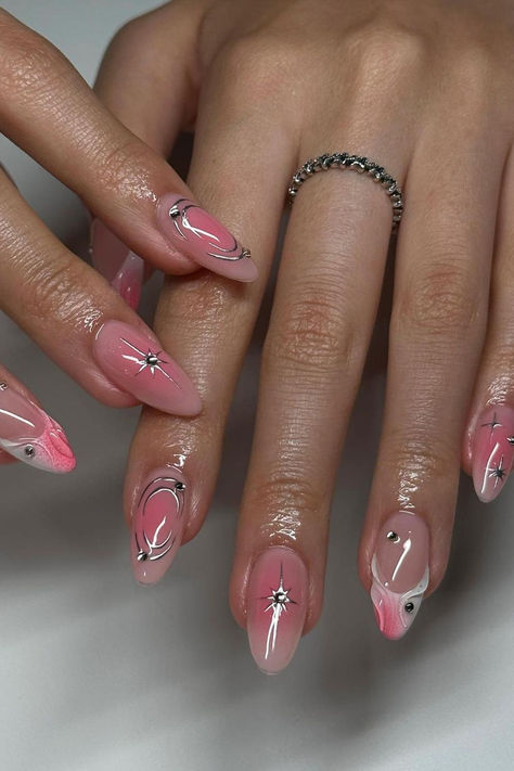 Glamorous Almond Nails in Ballet Pink with Ethereal Pastel Pink Aura and Shimmering Silver Accents ✨ // Photo Credit: Instagram @kimchisnails Cute Office Nails, Cool Pink Nail Designs, Pink Aura Nails With Gems, Nails Almond Trendy, Aura Nails Pink, Silver And Pink Nails, Almond Nails Trendy, Eyeshadow Nails, Cute Nail Art Ideas