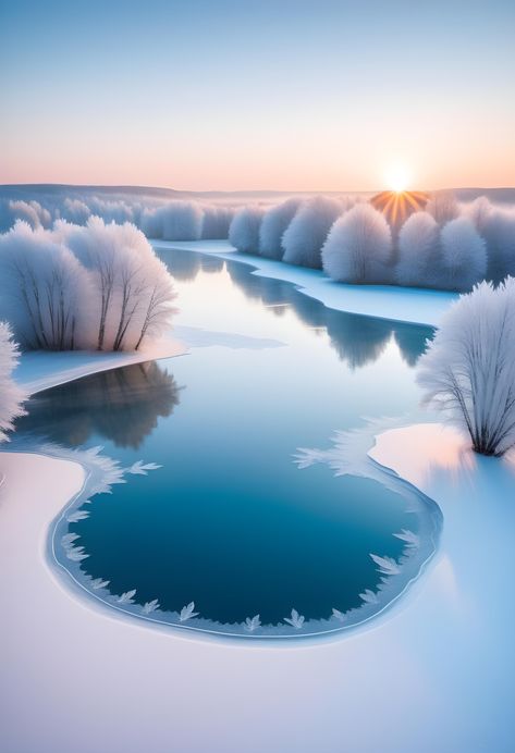 The frozen lake or pond in the picture is a serene and tranquil sight. Captured by a high-resolution drone camera, the aerial perspective highlights the intricate patterns of ice formations, providing a unique bird's-eye view of the frozen landscape. The soft hues of dawn add a touch of magic to the scene, as the gentle light of the rising sun bathes the surroundings, creating an ethereal ambiance. It's a breathtaking view that invites you to immerse yourself in the beauty of nature. Frozen Landscape, Ice Formations, Aerial Perspective, The Rising Sun, Frozen Lake, Muslimah Aesthetic, Rising Sun, Birds Eye View, Drone Camera