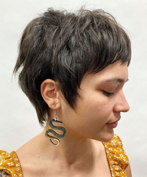 Thick Pixie Shag with Baby Bangs Blonde Pixie Shag, Baby Bangs Pixie Cut, Mixie Pixie Haircut Straight Hair, Pixie With Baby Bangs, Mixie Pixie Haircut, Pixie Cut Thick Hair, Shag With Baby Bangs, Shag Pixie Cut, Pixie Shag Haircut