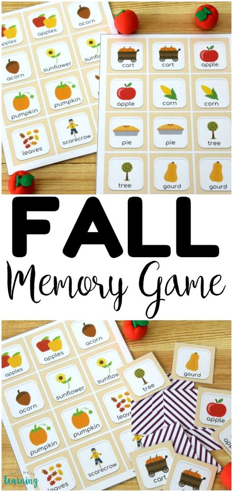 This printable fall memory game is such a fun way to get little ones ready for autumn! Pick it up for an easy fall busy bag idea! #lookwelearn #fallactivities #kidsactivities #busybags #gamesforkids Fall Memory Game, Fall Kindergarten Activities, Fall Classroom Ideas, Homeschool Preschool Activities, Ready For Autumn, Time Activity, Fall Lessons, Fall Games, Quiet Time Activities