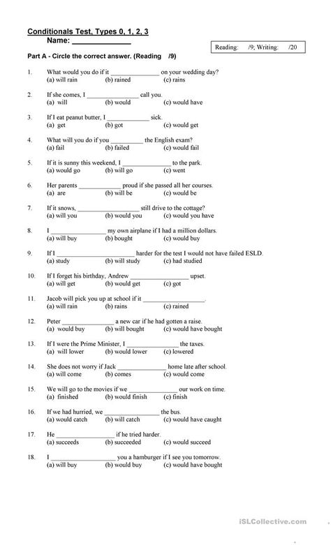 Conditionals Test, Types 0, 1, 2, 3 - English ESL Worksheets for distance learning and physical classrooms Conditionals Grammar, Conditional Sentences, Word Puzzles For Kids, English Grammar Test, Grammar Notes, Advanced Vocabulary, English Grammar Rules, English Teaching Materials, Advanced English Vocabulary