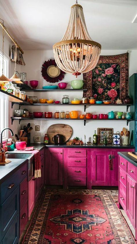 Earthy House Decor Ideas, Country Boho Kitchen Ideas, Hobo Kitchen Decor, Midwestern Home Decor, Mismatch Kitchen Cabinet, Boho Kitchen Apartment, Boho Kitchen Cabinets, Boho Kitchen Ideas Bohemian Style, Dining Decoration Ideas