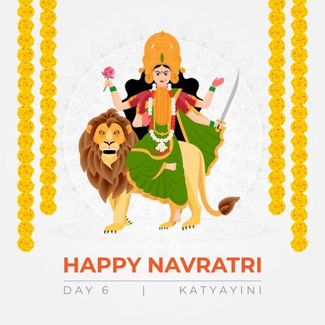 9 Avatars Of Goddess Durga, 6th Day Of Navratri, Navratri Illustration, Navratri Day 6, Durga Puja Greetings, Nav Durga, Happy Navratri Wishes, Happy Durga Puja, Navratri Wishes