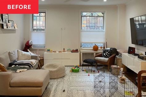 Before and After: How To Get a Playroom in Your Living Room without Sacrificing Style (and Everything Else) Cluttered Living Room, Nyc Living Room, Stylish Playroom, Playroom/living Room, Small Playroom, Family Living Room, Living Room Playroom, Nyc Living, Kids Living Rooms