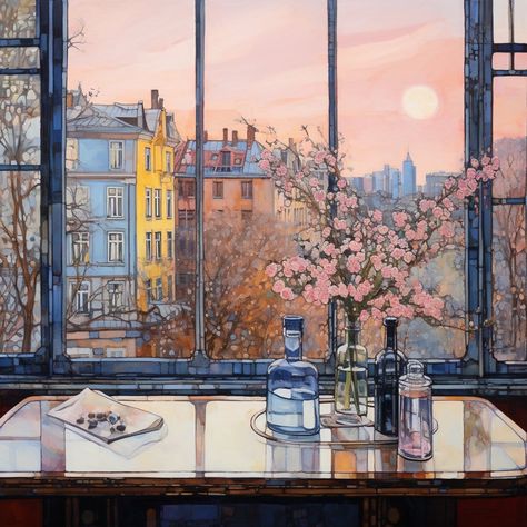 KAORU YAMADA 수채화 그림, Art Themes, Tag Art, Window Sill, Beautiful Paintings, Painting Inspiration, Ramen, Art Inspo, Cityscape