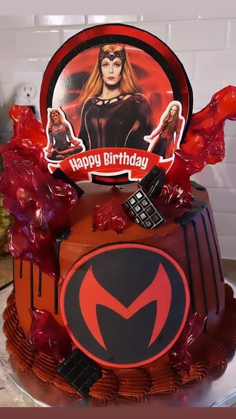 Wanda Maximoff Cake Ideas, Wanda Maximoff Cake, Dr Strange Birthday Party, Scarlet Witch Cake Ideas, Scarlet Witch Cake, Wanda Cake, Marvel Recipes, Happy Birthday Wanda, Marvel Cakes