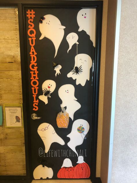 Made this for my daughters first grade classroom. I pre made the ghosts and added dimensional touches and details. Wanted it to have a Kawaii Art feel. Halloween Classroom Door Ghost, Ghost Door Decorations Classroom, Ghost Classroom Door, Ghost School, Preschool Door, Halloween Classroom Door, Preschool Bulletin, Preschool Bulletin Boards, Halloween Classroom