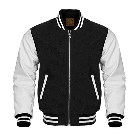 Black Wool White Leather Varsity Jacket Letterman Jacket Zipper (XS, Black) Black Letterman Jacket, Custom Letterman Jacket, Cool Jackets For Men, Custom Varsity Jackets, Leather Sleeve Jacket, Leather Varsity Jackets, Varsity Letterman Jackets, Jackets Black, Mens Fur