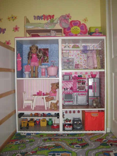 into an American Girl doll-sized playhouse. | 15 Ikea Hacks For Your Child's Dream Bedroom American Girl Storage, Ag Doll House, American Girl House, Besta Ikea, Toy Car Garage, American Girl Furniture, American Girl Dollhouse, Girls Furniture, Doll Storage