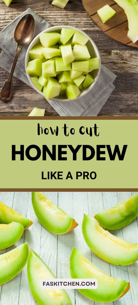 An easy step-by-step guide on how to cut a honeydew melon. This pin shows you the simplest way to enjoy this sweet and juicy fruit. Great for adding to snacks, salads, and desserts! #Honeydew #KitchenTips #FruitLovers How To Cut Honeydew Melon, Storing Fruit, Growing Fruit Trees, Fresh Fruit Recipes, Honey Diy, Honeydew Melon, Reduce Food Waste, Culinary Skills, Delicious Fruit