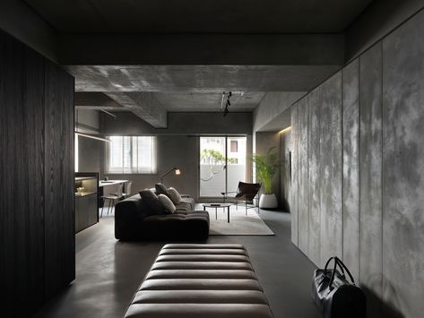 Dim Light - Moooten Studio Brutalist Interior Living Room, Brutalist Living Room, Brutalism Aesthetic, Industrial Chic Living Room, Concrete Living Room, Brutalism Interior, Brutalist Interior, Teenager Bedroom Design, Concrete And Brick