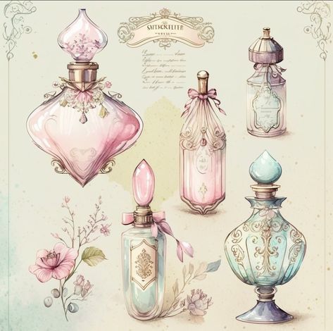 Vintage Potion Bottles Illustration, Magical Potions Art, Magic Potions Aesthetic, Magic Potion Art, Potion Illustration, Tattoo Perfume, Fairy In A Bottle, Perfume Illustration, Witch Potions