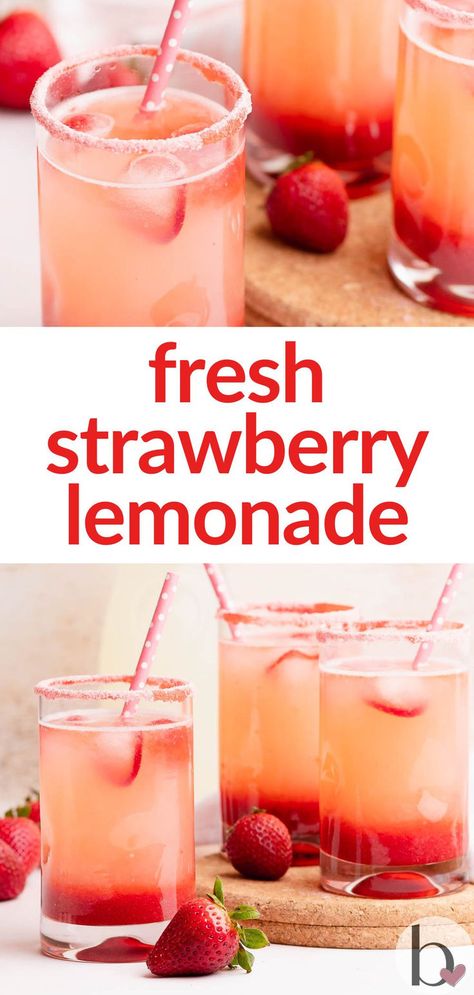 This strawberry lemonade recipe is made with homemade strawberry sauce and refreshing lemonade. Great for a hot summer day! Homemade Strawberry Lemonade Recipe, Fresh Strawberry Lemonade, Strawberry Recipes Easy, Homemade Strawberry Lemonade, Strawberry Lemonade Recipe, Yummy Summer Drinks, Homemade Strawberry Sauce, Strawberry Powder, Lemonade Recipe