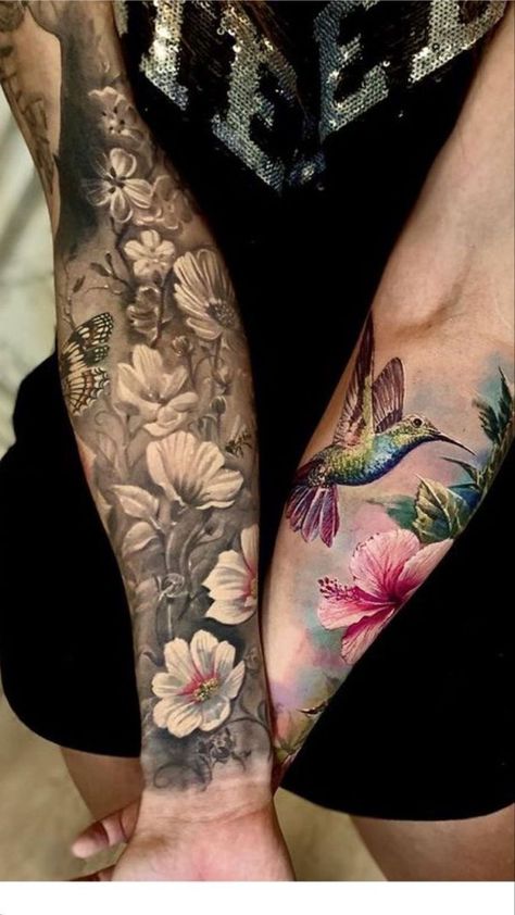 Male Flower Sleeve Tattoo, Half Sleeve With Hummingbird, Outdoorsy Womens Tattoo, Floral Realism Tattoo Half Sleeves, Beautiful Half Sleeve Tattoos For Women, Realistic Floral Sleeve Tattoo, Bird Sleeve Tattoo Women, Tropical Sleeve Tattoo For Women, Tree Flower Tattoo