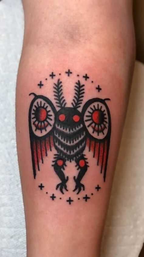 Matching Cryptid Tattoos, Mothman Tattoo Traditional, American Traditional Ghost Tattoo, Fresno Nightcrawler Tattoo, Goth American Traditional Tattoo, Moth Man Tattoo, Cryptid Tattoo Ideas, Rat Tattoo Traditional, Traditional Ghost Tattoo