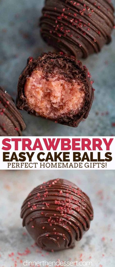 Strawberry Cake Balls made with ONLY 4 ingredients are sweet, creamy, coated in melted chocolate and incredibly easy to make! #cakeballs #truffles #cake #candy #valentinesday #dessert #dinnerthendessert Strawberry Cake Balls, Strawberry Cake Pops, Cheesecake Pops, Candy Cupcakes, Cake Ball Recipes, Dessert Truffles, Yummy Bites, Cake Ball, Chocolate Strawberry Cake