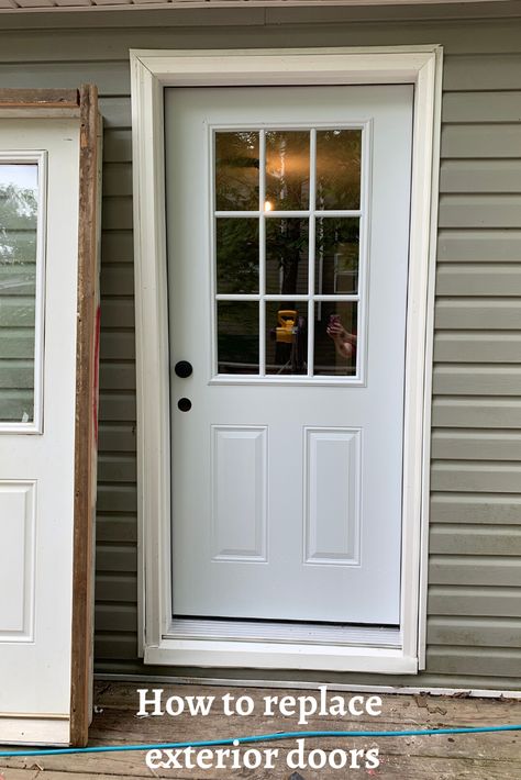 Exterior Back Doors With Window, Reface Exterior Door, Replacing Door Frame, Diy Exterior Door Frame, Diy Door Installation, How To Replace Front Door, Exterior Door Frame Repair, Exterior Back Door, How To Install Exterior Door