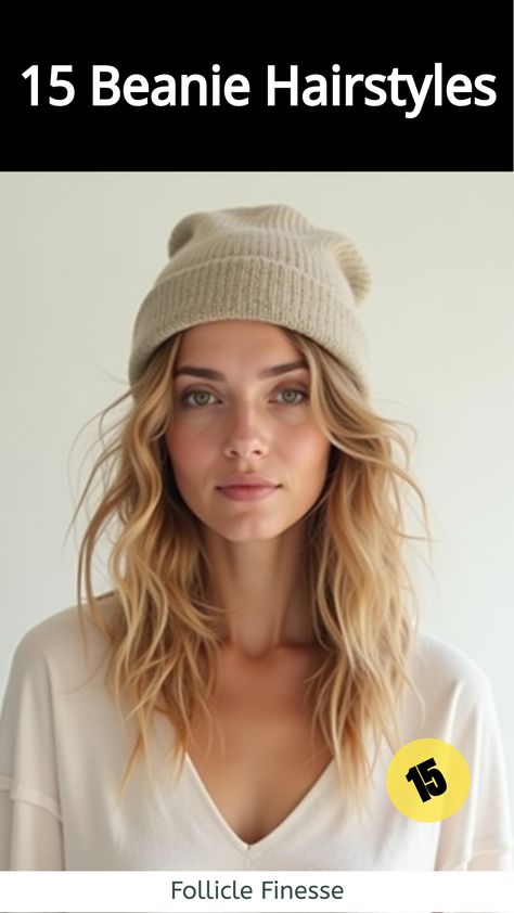 Beanie Hairstyles,Woman with beachy textured hair wearing lightweight beanie Hairstyles With Carhartt Beanie, Low Bun Beanie Hairstyles, How To Look Good In A Beanie, Fisherman Beanie Women Outfit, Cute Hair With Beanie, How To Wear A Carhartt Beanie, Beanie Hat Hairstyles, Outfits With Carhartt Beanie, How To Wear Beanies