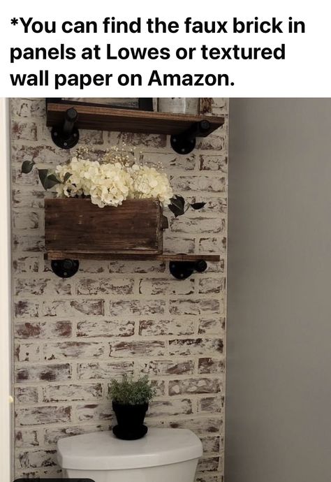 Brick Wall Bathroom Small Spaces, Toliet Room Accent Wall, Brick Tile Wall Bathroom, Painted Brick Bathroom Wall, Half Bathroom Makeover Farmhouse, Brick Paneling In Bathroom, Accent Wall For Half Bath, Brick Half Bath, Bathrooms With Brick Wallpaper