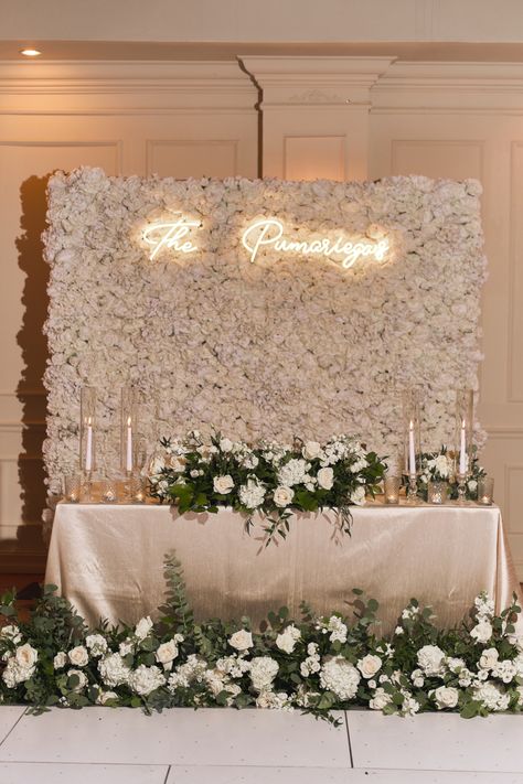 Flower wall sweetheart table Wedding Floral Backdrop Wall, Bride And Groom Main Table Decor, White Sweet Heart Table Wedding, Top Table For Bride And Groom, Couples Table Wedding Backdrop, Wedding Table Decorations Main Table, Bridal Table Wedding Decor, Flower Wall Backdrop Sweetheart Table, Wedding Flower Wall Backdrop Receptions