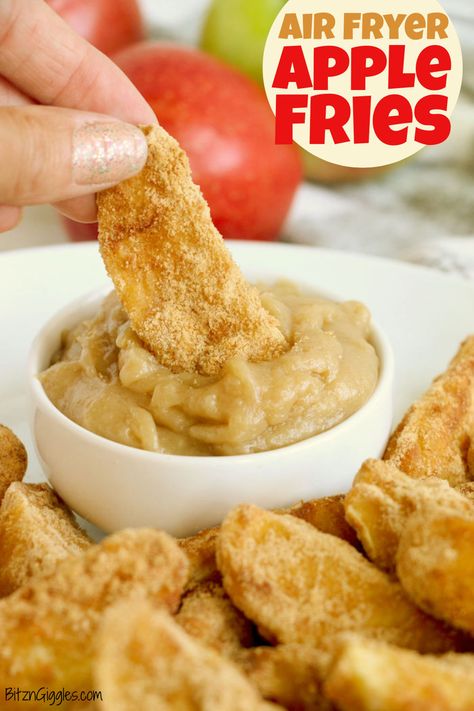 Air Fryer Apple Fries - Crisp apple wedges rolled in sweetened graham cracker crumbs and air fried until golden brown. The homemade caramel dip puts this delicious snack over the top! #bitzngiggles #airfryer #airfry #apple #wedges #fries Homemade Caramel Dip, Air Fryer Apple Fries, Desserts Air Fryer, Wedge Fries, Apple Fries, Yummy Fries, Air Fryer Recipes Dessert, Air Fryer Desserts, Caramel Dip