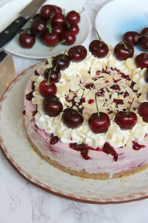 Almond Biscuit Base, Cherry & Almond Bakewell Cheesecake Filling, Whipped Cream, Fresh Cherries, and even more Almond! I recently did a post on my Facebook to request... Easter Cheesecakes, Easter Cheesecake, Almond Biscuits, Janes Patisserie, Cherry Bakewell, Cream Fresh, Bakewell Tart, Cheesecake Filling, Cherry Cheesecake