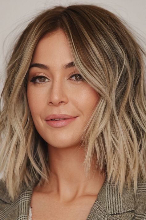 Textured Lob with Balayage Highlights Long Bob With Balayage, Shoulder Length Hair With Highlights, Long Layered Lob, Lob With Balayage, Bob With Balayage, Long Bob Balayage, Shaggy Lob, Making The Cut, Textured Lob