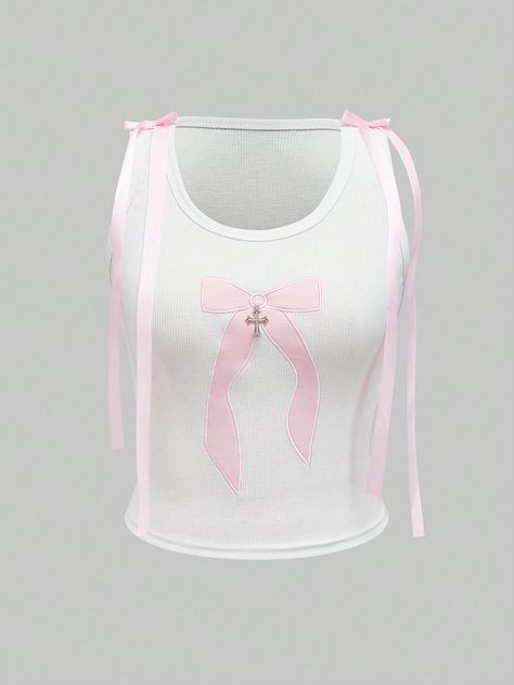 White Casual Collar  Polyester Graphic Tank Embellished Medium Stretch  Women Clothing Bow Tank Top, Chaleco Casual, Top With Bow, Bow Women, Print Tank Top, Tank Top Cami, Print Tank, Printed Tank Tops, Kids Beachwear