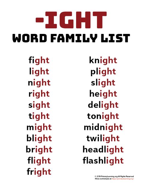 Using word families can help teach beginning spellers that words contain and share patterns. Use this word family list to introduce the sound of words ending with IGHT. #worksheets #printables #phonics #wordfamily Word Family Sort, Word Family List, Phonics Chart, Word Family Worksheets, Family Worksheet, Learning Phonics, Phonics Rules, English Phonics, Phonics Lessons