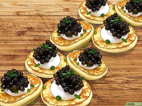 3 Ways to Eat Caviar - wikiHow Red Caviar Appetizers, Caviar Board, Caviar Tasting, Caviar Party, How To Serve Caviar, Caviar Appetizers, Caviar Dishes, Caviar Recipes, Serving Ideas