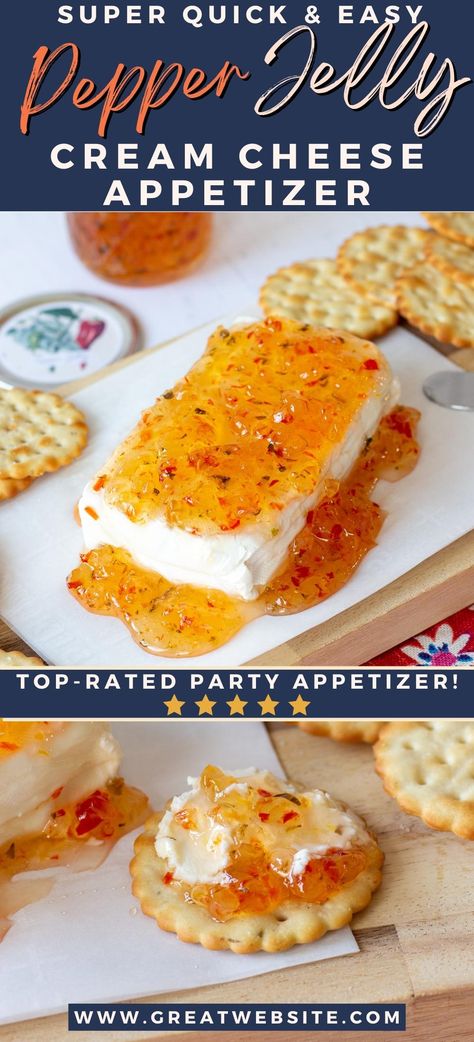 This Cream Cheese Pepper Jelly Appetizer is a Southern classic! It takes only minutes to make, and it's always a hit at parties. The simple combo of cream cheese and sweet and spicy pepper jelly spread on a crispy cracker just works! Spicy, sweet, creamy, crunchy -- it covers all the bases. Includes a recipe for homemade hot pepper jelly Jelly Cream Cheese Appetizer, Pepper Jelly Appetizer, Cream Cheese Pepper Jelly, Homemade Pepper Jelly, Pepper Jelly Cream Cheese, Spicy Pepper Jelly, Rv Snacks, Pepper Jelly Recipes, Cream Cheese Appetizer