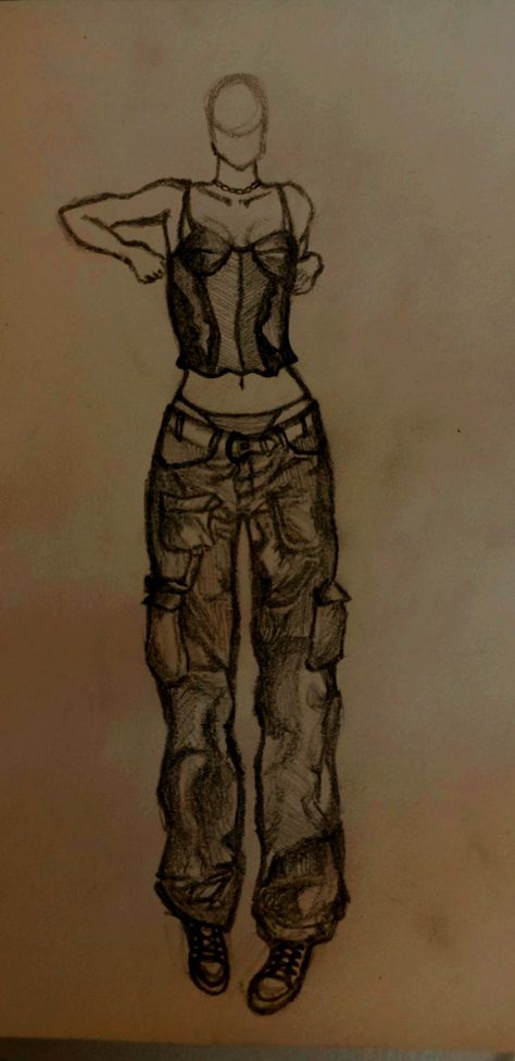 girl with cargo pants and crop top Cargo Pants Design Sketch, Drawing Of Cargo Pants, How To Draw Cargo Pants Sketch, Cargo Pants Sketch Fashion Design, Cargo Pant Drawing, Cargo Pants Outfit Drawing, Parachute Pants Drawing, Baggy Outfits Drawing, How To Draw Baggy Pants Tutorial