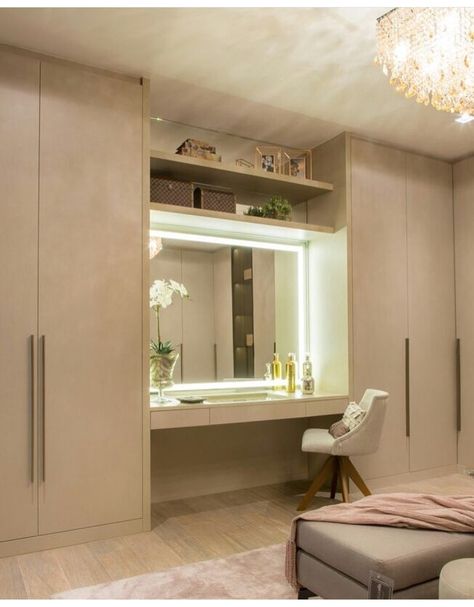 Kaci Jay Bedroom Wardrobe, Built In Wardrobe Ideas With Dressing Table, Dressing Room With Dressing Table, Wardrobe With Vanity Built Ins, Small Room Cupboard Ideas, Makeup Table In Closet, Bedroom With Cupboards, Built In Makeup Vanity In Bedroom, Modern Cupboard Designs For Bedroom