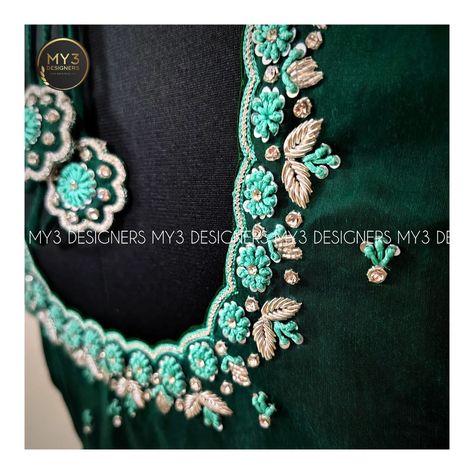 The Classy edit - An Emerald Green 💚 Pattu work blouse 🥻 with defined Intricate 🌼 thread knot work adored with zari, zardosi, thread work, sequence and jarkan work with fine 🔎 detailing in creeper theme sleeves and pure 🪄 workmanship ✨ highlight the blouse's rich and elegant 🪅 simplicity... 👇 MODEL NO : 122 👇 Blouse can be customised✔️ in any colour and model🎀 of your choice as per your saree🥻 requirement. Ex: 👗Fabric, embroidery🪡 placements, neckline and tassels 💥 👇 📌 For more details 🏷️... Knot Work Embroidery Blouse, Knot Work Embroidery, Only Thread Work Blouse Designs, Blouse Painting, Maggam Blouses, Maggam Blouse, Blouse Works, Aari Design, Latest Bridal Blouse Designs